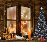 Laden Sie das Bild in den Galerie-Viewer, Fox Christmas Log Cabin Winter Window Fabric/Vinyl Backdrop