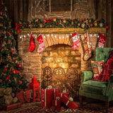 Laden Sie das Bild in den Galerie-Viewer, Fox Christmas Trees Fireplace Gifts Vinyl Backdrops-Foxbackdrop