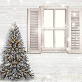 Laden Sie das Bild in den Galerie-Viewer, Fox Rolled Wood Window Christmas Trees Vinyl Backdrop-Foxbackdrop