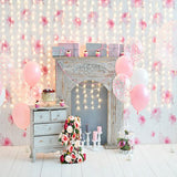 Laden Sie das Bild in den Galerie-Viewer, Fox Fireplace Pink Balloons Birthday Vinyl Backdrop-Foxbackdrop