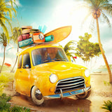 Laden Sie das Bild in den Galerie-Viewer, Fox Rolled Summer Holiday Beach Yellow Car Children Vinyl Backdrop-Foxbackdrop